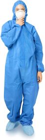 Pack of 25 Blue SMS Coveralls with Hood; Elastic Cuffs; Ankles; Waist; Zipper. Medium Industrial Unisex Disposable PPE Workwear for Cleaning; Painting